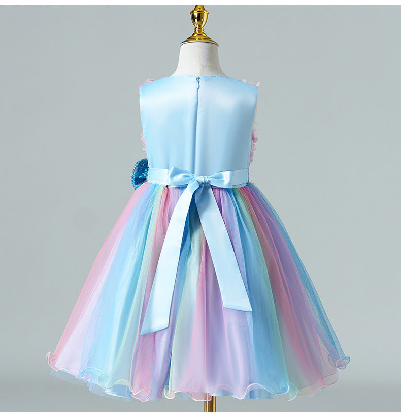 Tea-Length Girls A-Line Satin Tulle Dress with Bow and Floral Appliqué