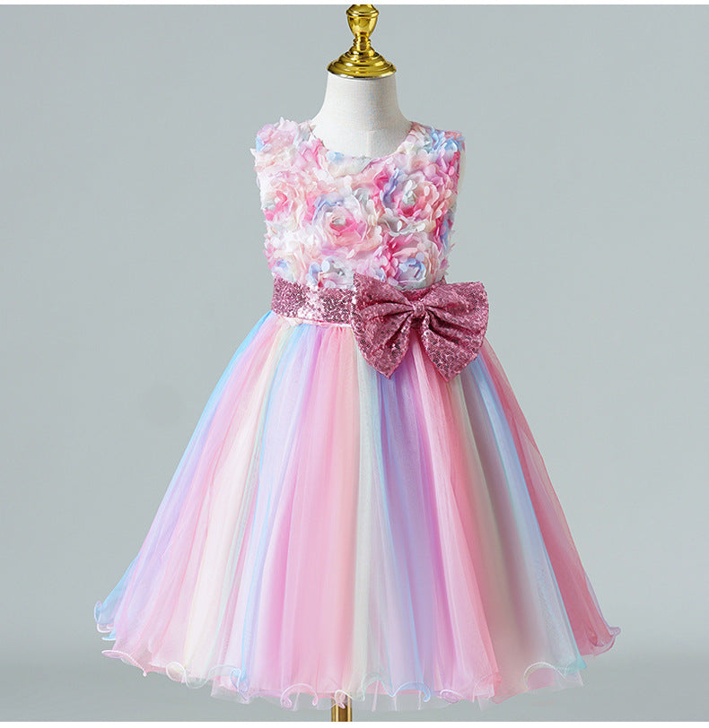Tea-Length Girls A-Line Satin Tulle Dress with Bow and Floral Appliqué