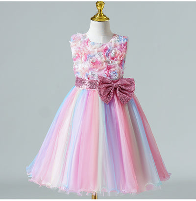 Tea-Length Girls A-Line Satin Tulle Dress with Bow and Floral Appliqué