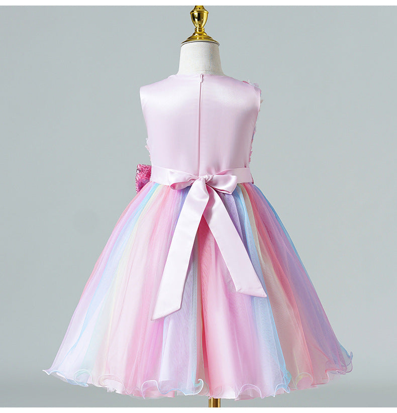 Tea-Length Girls A-Line Satin Tulle Dress with Bow and Floral Appliqué