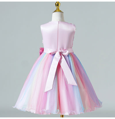 Tea-Length Girls A-Line Satin Tulle Dress with Bow and Floral Appliqué