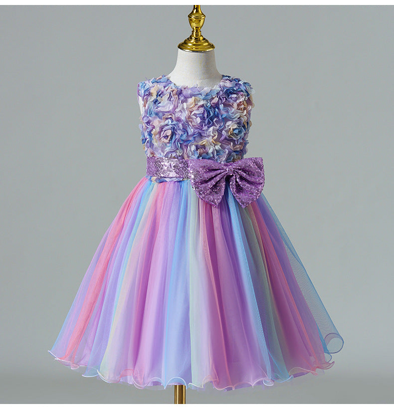 Tea-Length Girls A-Line Satin Tulle Dress with Bow and Floral Appliqué
