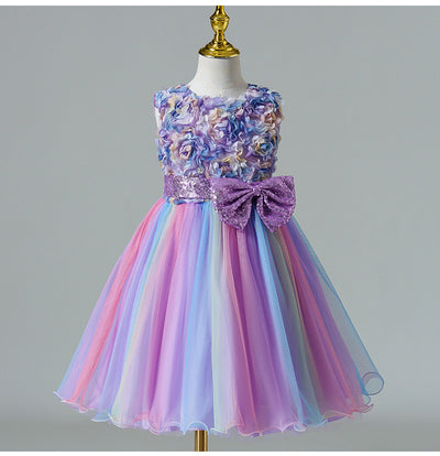 Tea-Length Girls A-Line Satin Tulle Dress with Bow and Floral Appliqué