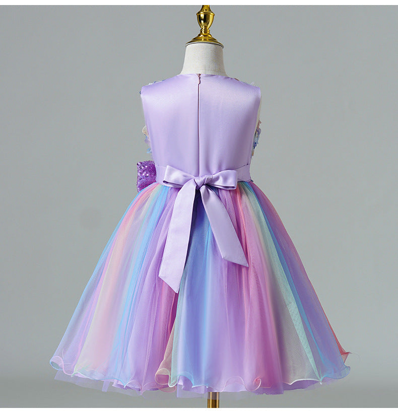Tea-Length Girls A-Line Satin Tulle Dress with Bow and Floral Appliqué