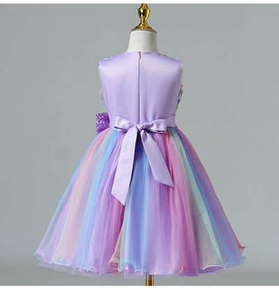 Tea-Length Girls A-Line Satin Tulle Dress with Bow and Floral Appliqué