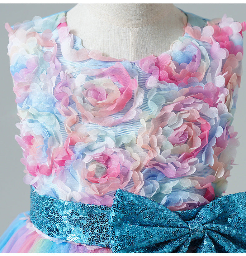 Tea-Length Girls A-Line Satin Tulle Dress with Bow and Floral Appliqué