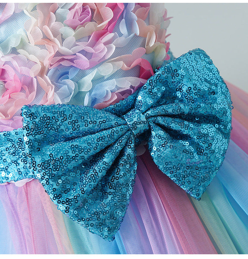 Tea-Length Girls A-Line Satin Tulle Dress with Bow and Floral Appliqué