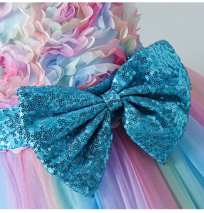 Tea-Length Girls A-Line Satin Tulle Dress with Bow and Floral Appliqué