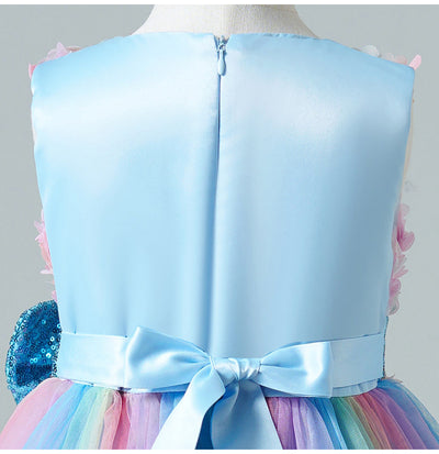 Tea-Length Girls A-Line Satin Tulle Dress with Bow and Floral Appliqué