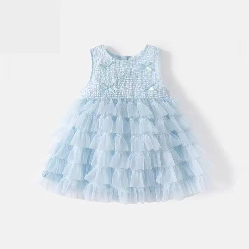 Girls Pleated Tulle A-Line Dress – Sleeveless Tea Length Summer Party Dress for Kids