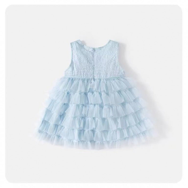 Girls Pleated Tulle A-Line Dress – Sleeveless Tea Length Summer Party Dress for Kids