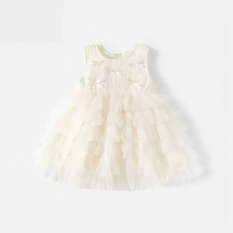 Girls Pleated Tulle A-Line Dress – Sleeveless Tea Length Summer Party Dress for Kids