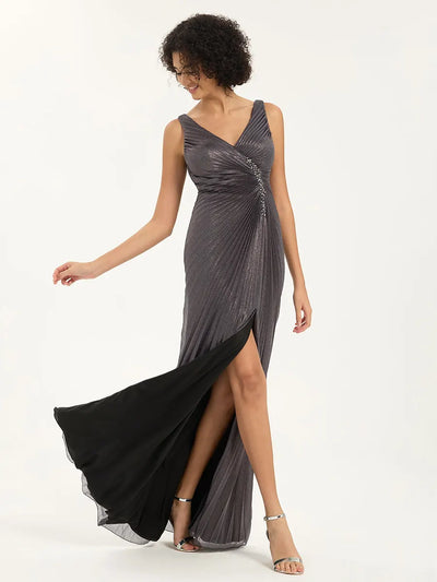 Carlyna Glitter Pleated Maxi Dress with V-Neck & Slit