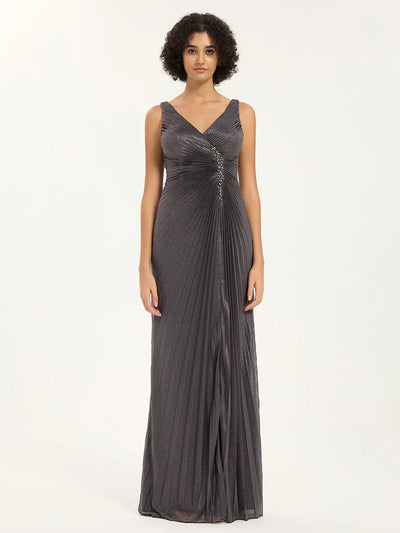 Carlyna Carlyna Glitter Pleated Maxi Dress with V-Neck & Slit