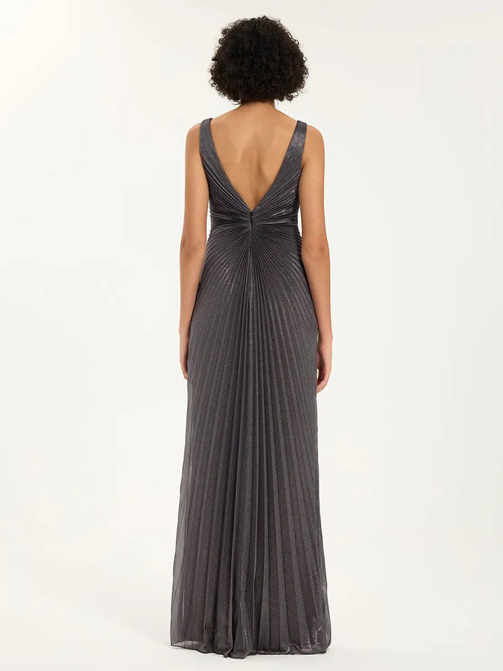 Glitter Pleated Maxi Dress with V-Neck & Slit Glitter Pleated Maxi Dress with V-Neck & Slit