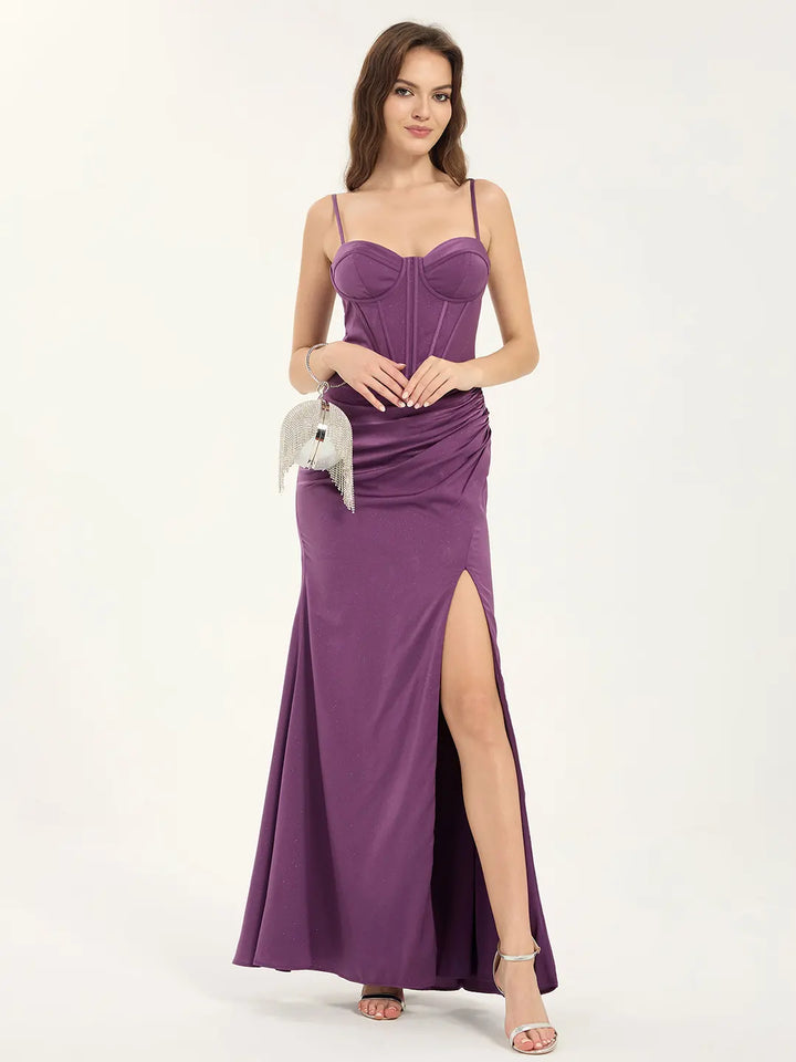 Glitter Satin A-Line Maxi Prom Dress with Sweetheart Neckline & Leg Sl Carlyna Glitter Satin A-Line Maxi Prom Dress with Sweetheart Neckline & Leg Sl Carlyna