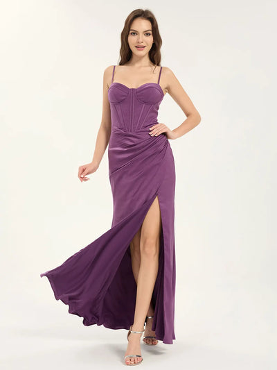 Glitter Satin A-Line Maxi Prom Dress with Sweetheart Neckline & Leg Slit