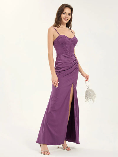 Glitter Satin A-Line Maxi Prom Dress with Sweetheart Neckline & Leg Slit