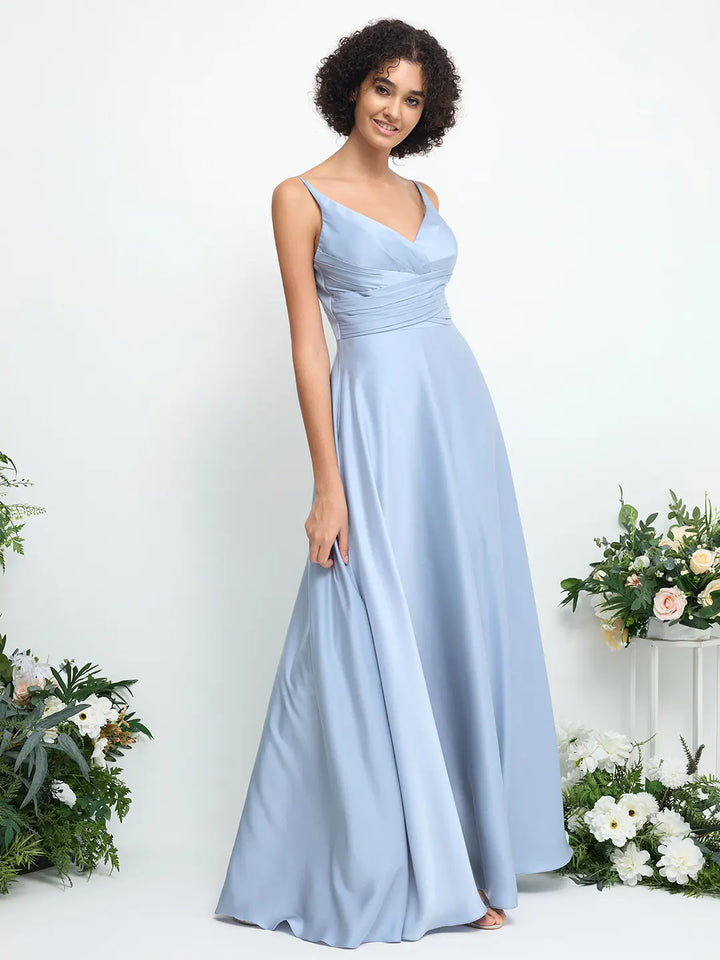 Glitter Satin Ruched A-Line Maxi Dress | V-Neck, Sleeveless, Open Back | Formal Evening Gown Carlyna Glitter Satin Ruched A-Line Maxi Dress | V-Neck, Sleeveless, Open Back | Formal Evening Gown Carlyna