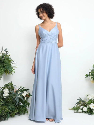 Glitter Satin Ruched A-Line Maxi Dress with V-Neck and Open Back
