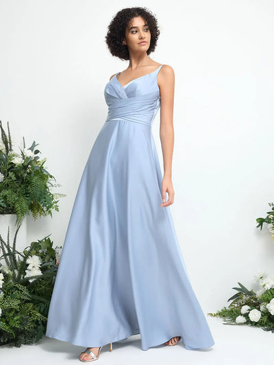 Glitter Satin Ruched A-Line Maxi Dress with V-Neck and Open Back