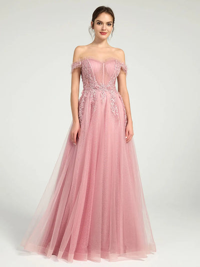 Carlyna Glitter Tulle Off-the-Shoulder Ball Gown with Beaded Lace and Open Back