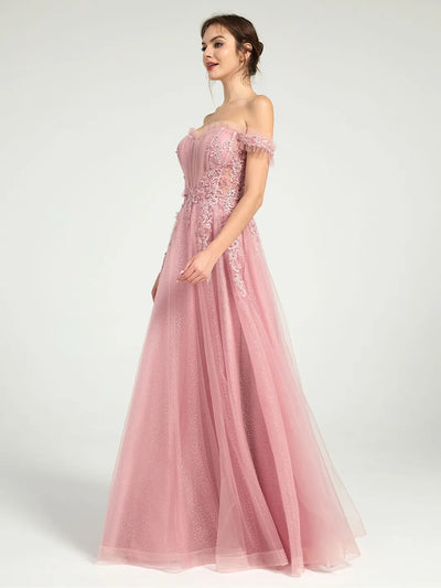 Carlyna Carlyna Glitter Tulle Off-the-Shoulder Ball Gown with Beaded Lace and Open Back