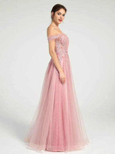 Carlyna Carlyna Carlyna Glitter Tulle Off-the-Shoulder Ball Gown with Beaded Lace and Open Back