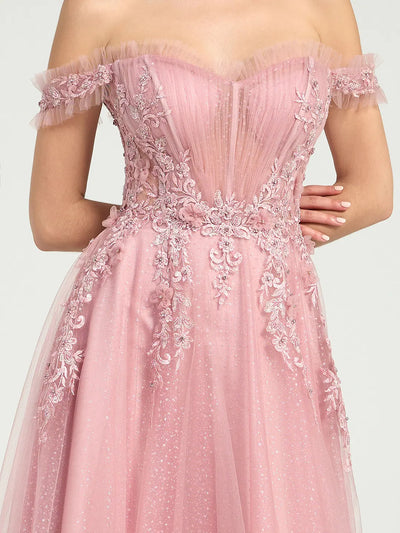 Carlyna Carlyna Carlyna Carlyna Carlyna Glitter Tulle Off-the-Shoulder Ball Gown with Beaded Lace and Open Back