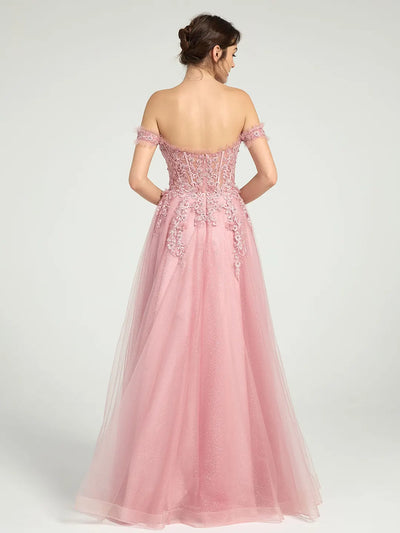 Carlyna Carlyna Carlyna Carlyna Carlyna Carlyna Glitter Tulle Off-the-Shoulder Ball Gown with Beaded Lace and Open Back