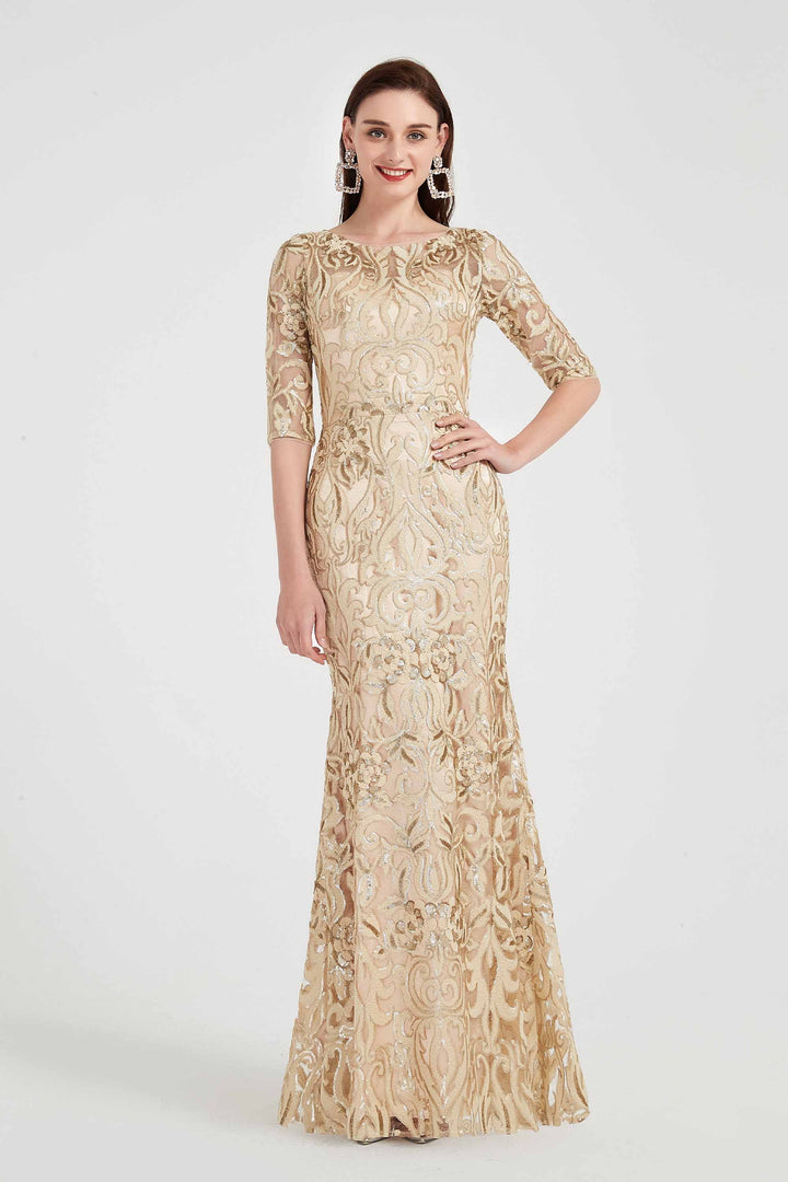 Gold Embroidery Lace Half Sleeves Prom Dress