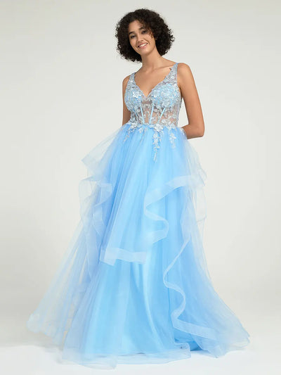 Carlyna Gorgeous A-Line Ruffled Lace Tulle Long Prom Dress with Beading & Illusion Back
