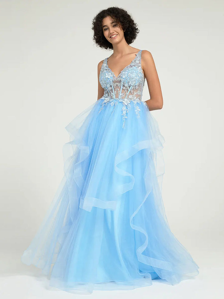 Gorgeous A-Line Ruffled Lace Tulle Long Prom Dress with Beading & Illusion Back Gorgeous A-Line Ruffled Lace Tulle Long Prom Dress with Beading & Illusion Back
