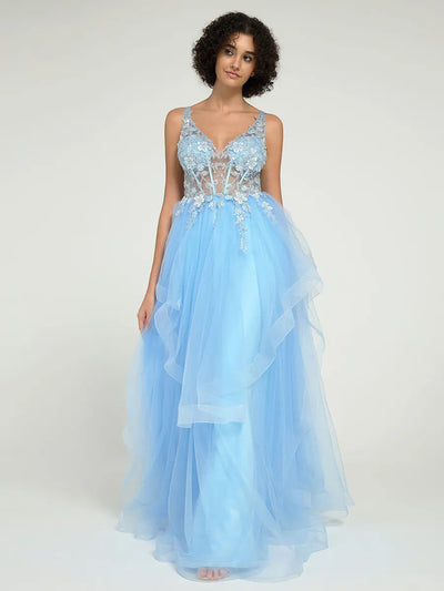 Carlyna Carlyna Gorgeous A-Line Ruffled Lace Tulle Long Prom Dress with Beading & Illusion Back
