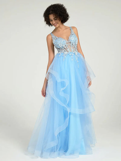 Carlyna Carlyna Carlyna Gorgeous A-Line Ruffled Lace Tulle Long Prom Dress with Beading & Illusion Back