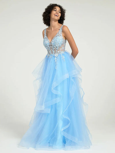 Carlyna Carlyna Carlyna Carlyna Gorgeous A-Line Ruffled Lace Tulle Long Prom Dress with Beading & Illusion Back