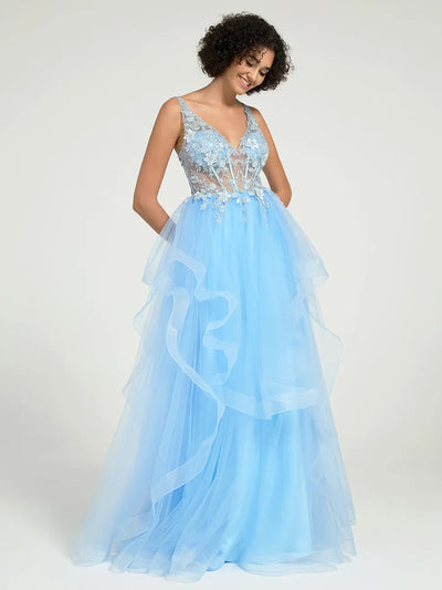 Carlyna Carlyna Carlyna Carlyna Carlyna Gorgeous A-Line Ruffled Lace Tulle Long Prom Dress with Beading & Illusion Back