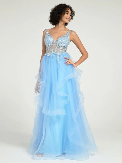 Carlyna Carlyna Carlyna Carlyna Carlyna Carlyna Gorgeous A-Line Ruffled Lace Tulle Long Prom Dress with Beading & Illusion Back