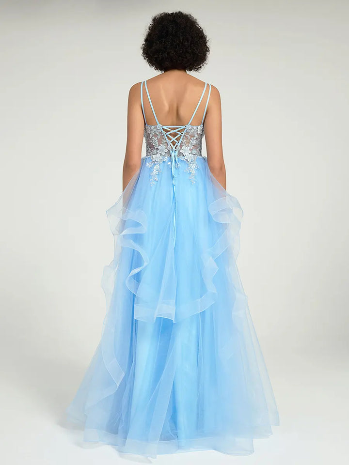 illusion back prom dress Glitter Ombre Blue Sleeveless Illusion Neck Trumpet Prom Dress