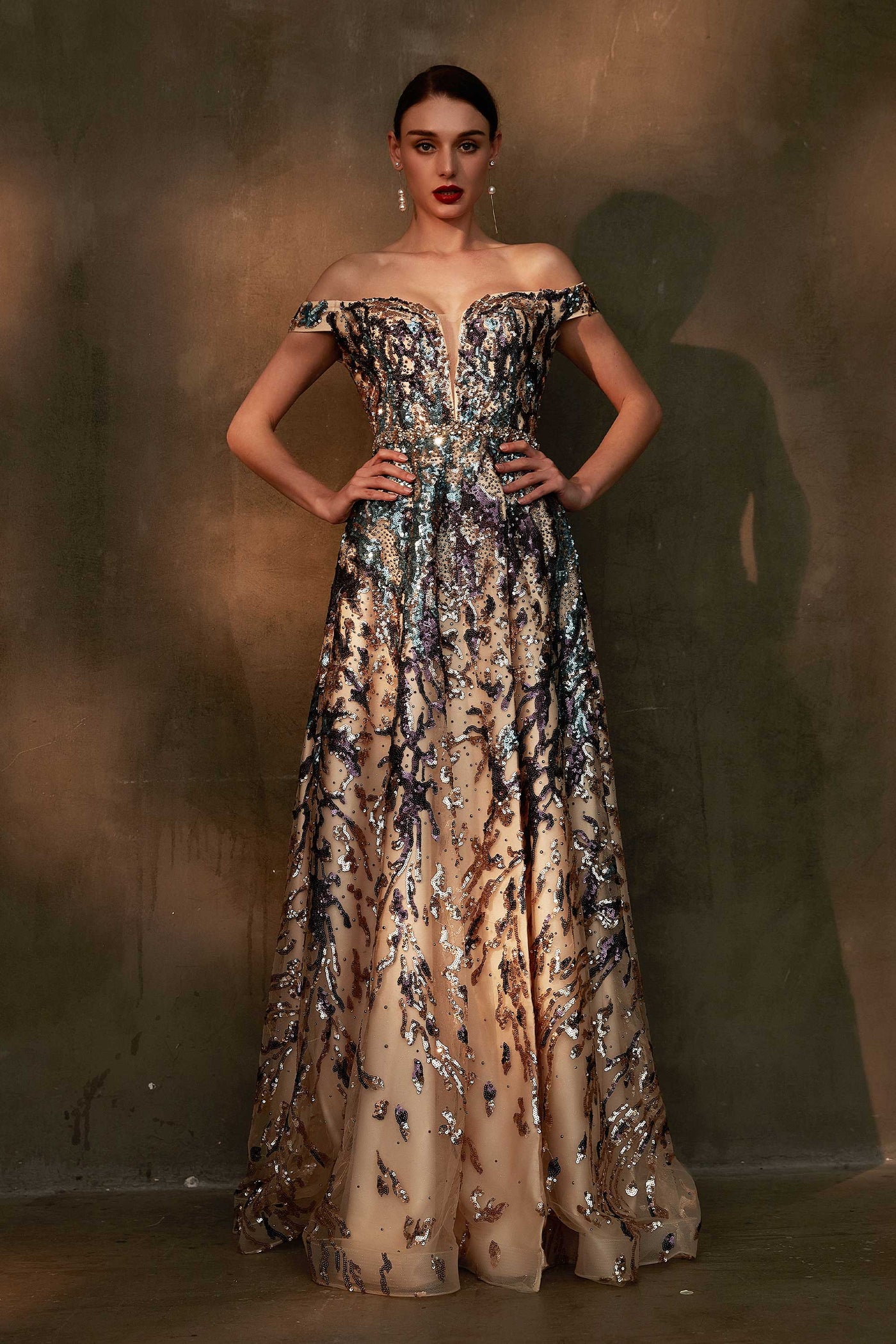 Gorgeous Beaded Off Shoulder Shiny Prom Gown