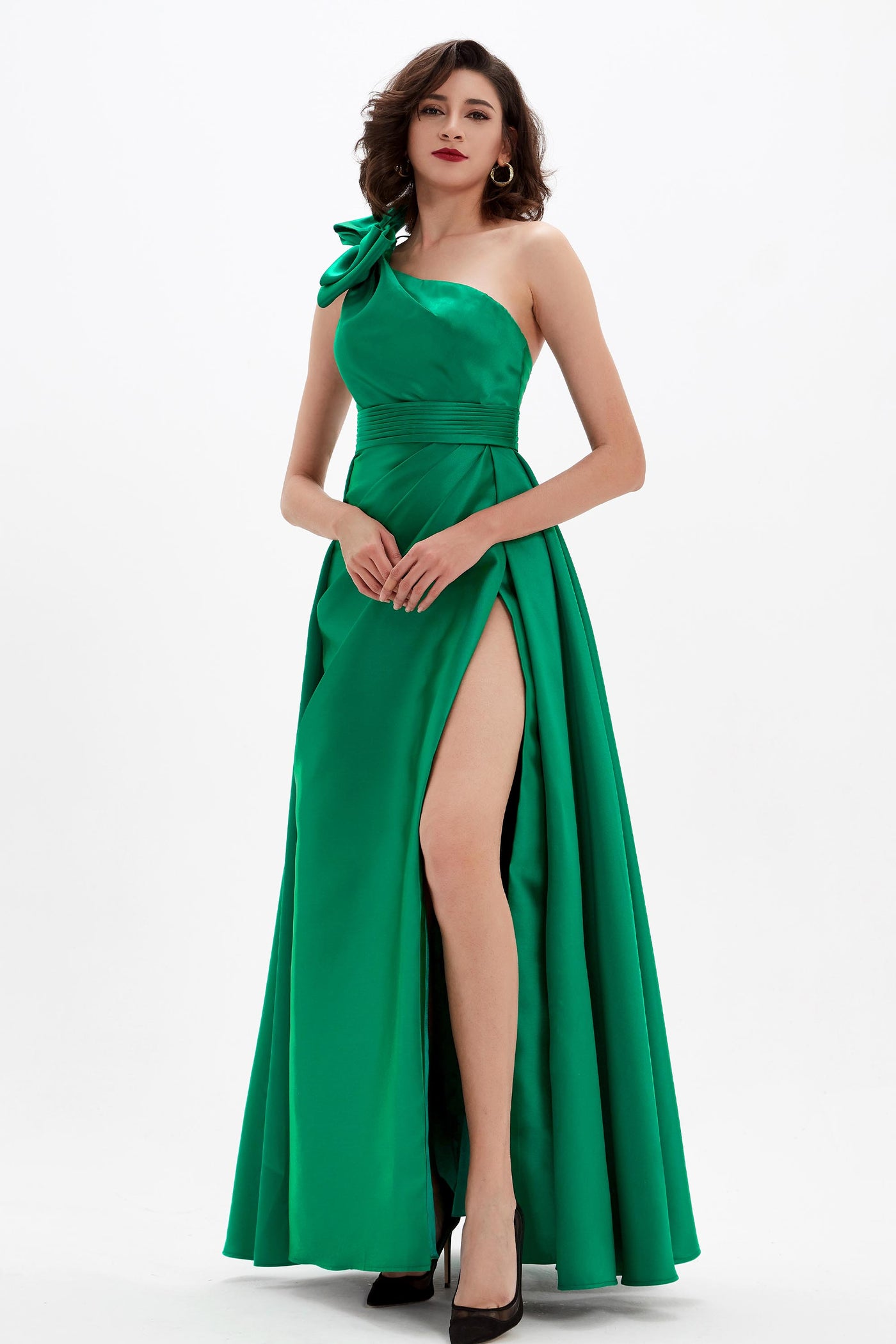 Green One Shoulder High Slit Long Party Prom Dress