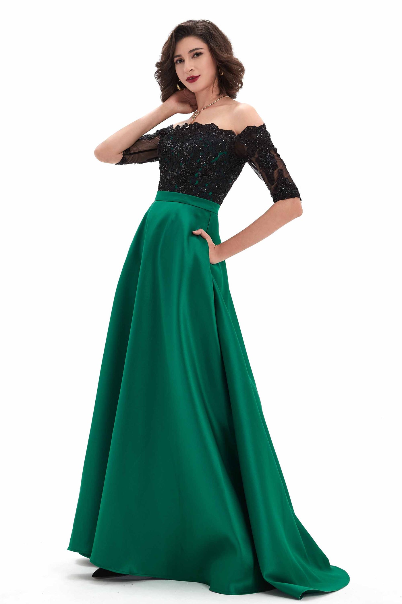 Green short Sleeves Lace&Mikado Long Prom Gown