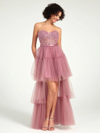 Carlyna Carlyna High-Low Tiered Tulle Gown with Sweetheart Corset & Beaded Accents