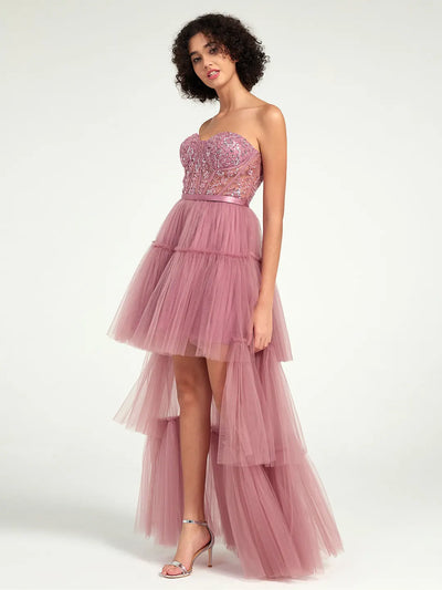 Carlyna Carlyna Carlyna High-Low Tiered Tulle Gown with Sweetheart Corset & Beaded Accents