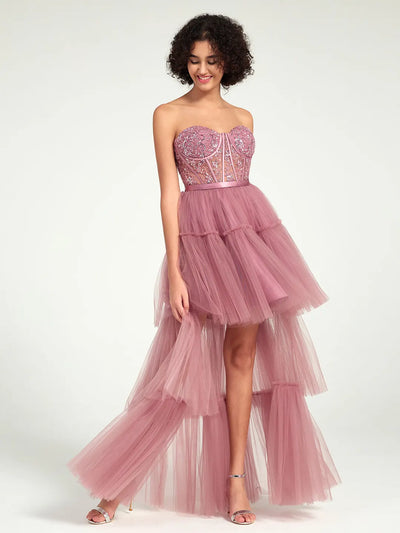 Carlyna Carlyna Carlyna Carlyna High-Low Tiered Tulle Gown with Sweetheart Corset & Beaded Accents