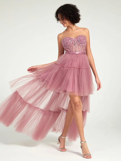 Carlyna Carlyna Carlyna Carlyna Carlyna High-Low Tiered Tulle Gown with Sweetheart Corset & Beaded Accents