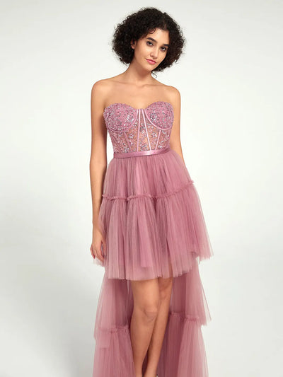 Carlyna Carlyna Carlyna Carlyna Carlyna Carlyna High-Low Tiered Tulle Gown with Sweetheart Corset & Beaded Accents
