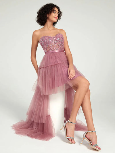 Carlyna Carlyna Carlyna Carlyna Carlyna Carlyna Carlyna High-Low Tiered Tulle Gown with Sweetheart Corset & Beaded Accents