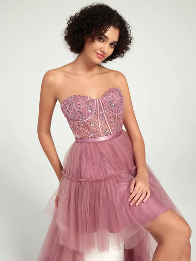 Carlyna Carlyna Carlyna Carlyna Carlyna Carlyna Carlyna Carlyna High-Low Tiered Tulle Gown with Sweetheart Corset & Beaded Accents