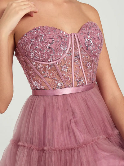 Carlyna Carlyna Carlyna Carlyna Carlyna Carlyna Carlyna Carlyna Carlyna High-Low Tiered Tulle Gown with Sweetheart Corset & Beaded Accents